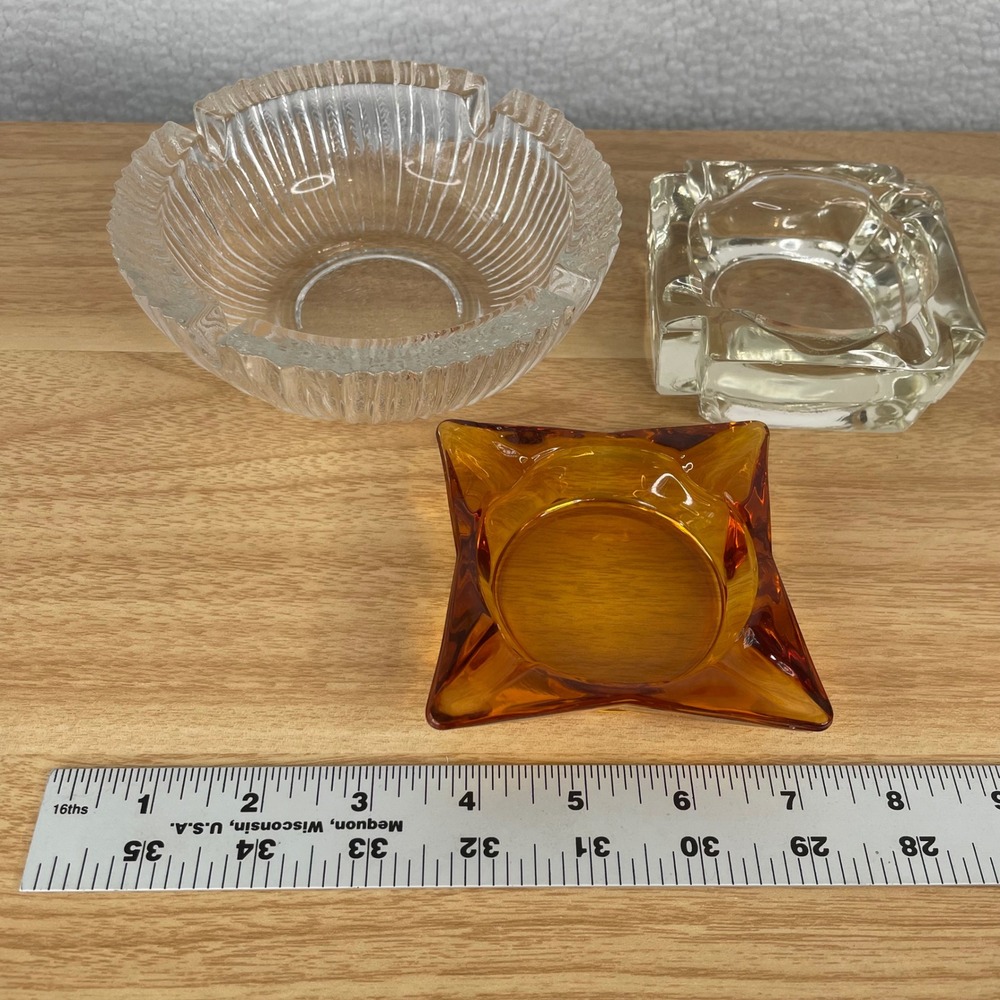 Vintage Glass Ashtray Set 3pc Amber Square Ribbed Round Clear MCM Retro Decor